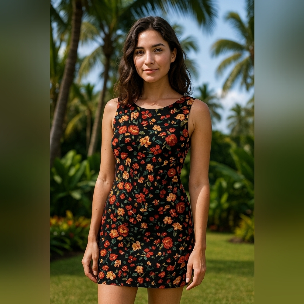 Young Hawaii Women's Dark Floral Mini Dress Sz S Travel Vacation Y2K Casual